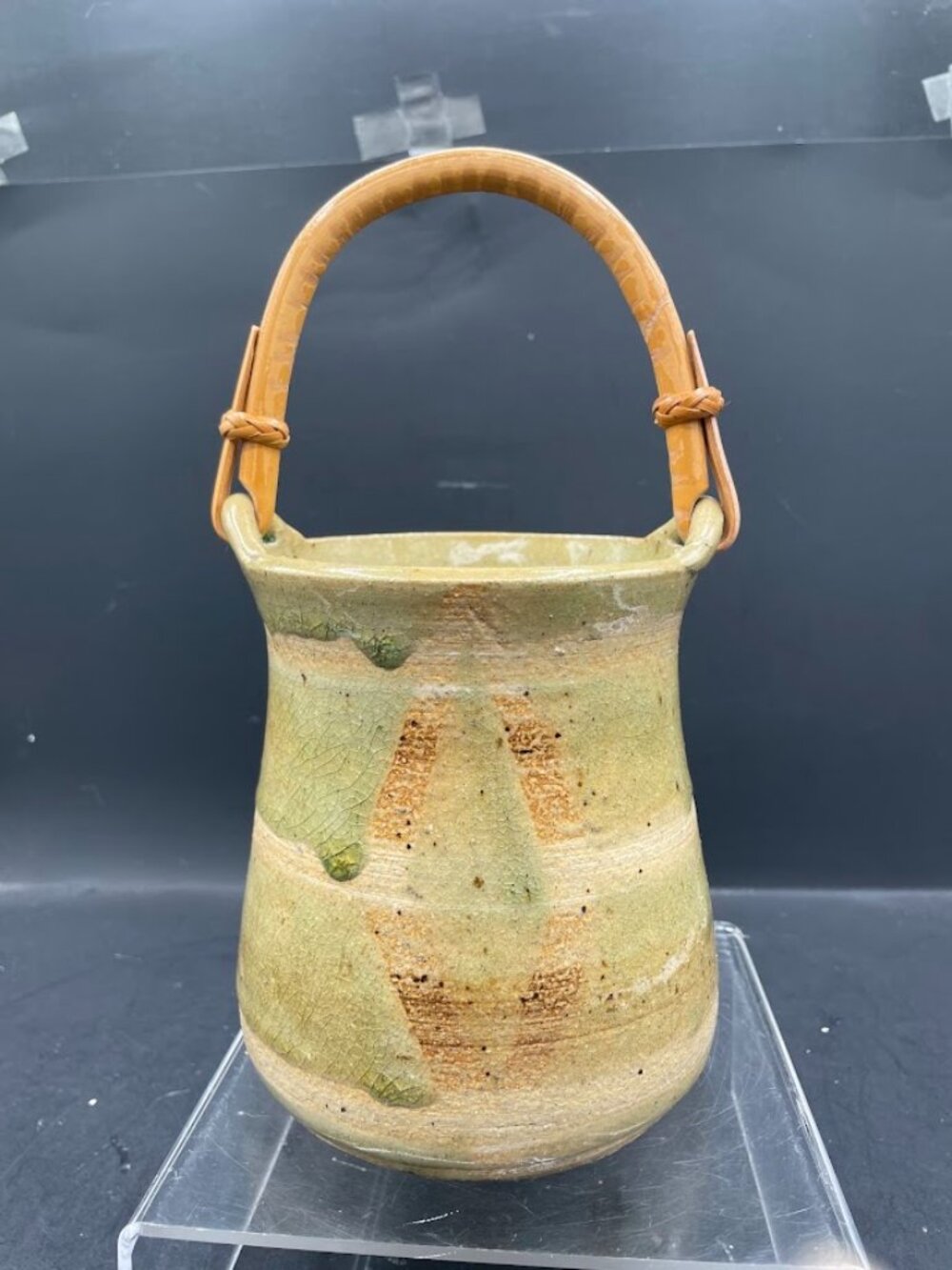 Green Drip Glaze Pottery Utensil Flatware Holder Bamboo Handle Stamped BJM